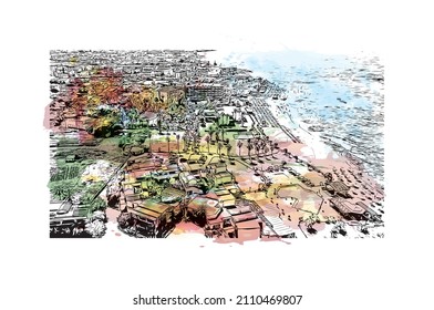 Building view with landmark of Malia is the 
town in Greece. Watercolor splash with hand drawn sketch illustration in vector.