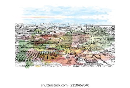Building view with landmark of Malia is the 
town in Greece. Watercolor splash with hand drawn sketch illustration in vector.