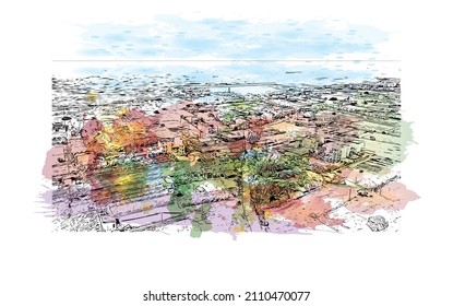 Building view with landmark of Malia is the 
town in Greece. Watercolor splash with hand drawn sketch illustration in vector.
