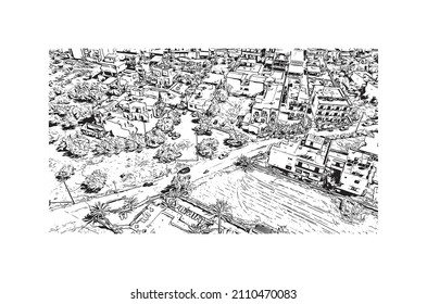 Building view with landmark of Malia is the 
town in Greece. Hand drawn sketch illustration in vector.