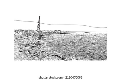 Building view with landmark of Malia is the 
town in Greece. Hand drawn sketch illustration in vector.