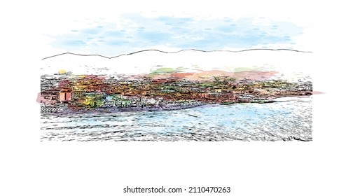La vista de edificio con un punto de referencia de Malia es la 
ciudad de Grecia. Salto de color de agua con ilustración de esbozo dibujada a mano en vector.