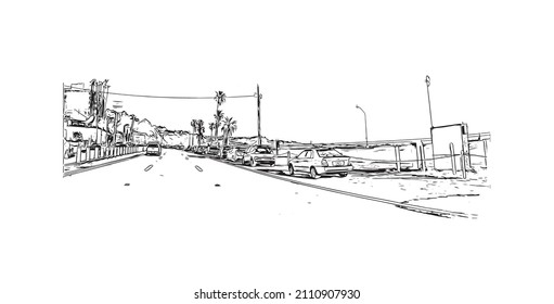 Building view with landmark of Malibu is the 
city in California. Hand drawn sketch illustration in vector.
