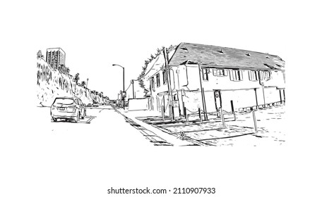 Building view with landmark of Malibu is the 
city in California. Hand drawn sketch illustration in vector.
