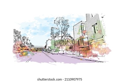 Building view with landmark of Malibu is the 
city in California. Watercolor splash with hand drawn sketch illustration in vector.