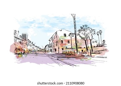 Building view with landmark of Malibu is the 
city in California. Watercolor splash with hand drawn sketch illustration in vector.