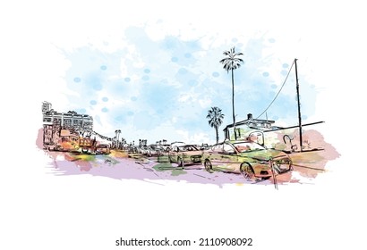 Building view with landmark of Malibu is the 
city in California. Watercolor splash with hand drawn sketch illustration in vector.