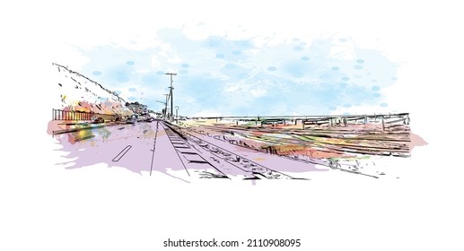 Building view with landmark of Malibu is the 
city in California. Watercolor splash with hand drawn sketch illustration in vector.