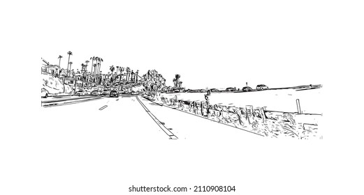 Building view with landmark of Malibu is the 
city in California. Hand drawn sketch illustration in vector.