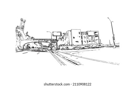 Building view with landmark of Malibu is the 
city in California. Hand drawn sketch illustration in vector.