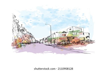 Building view with landmark of Malibu is the 
city in California. Watercolor splash with hand drawn sketch illustration in vector.