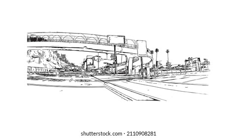 Building view with landmark of Malibu is the 
city in California. Hand drawn sketch illustration in vector.