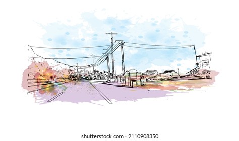 Building view with landmark of Malibu is the 
city in California. Watercolor splash with hand drawn sketch illustration in vector.