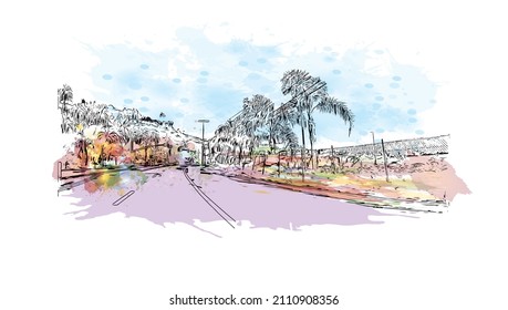 Building view with landmark of Malibu is the 
city in California. Watercolor splash with hand drawn sketch illustration in vector.