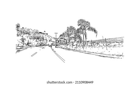 Building view with landmark of Malibu is the 
city in California. Hand drawn sketch illustration in vector.