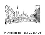 Building view with landmark of Malmo is a coastal city in southern Sweden. Hand drawn sketch illustration in vector.