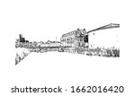 Building view with landmark of Malmo is a coastal city in southern Sweden. Hand drawn sketch illustration in vector.