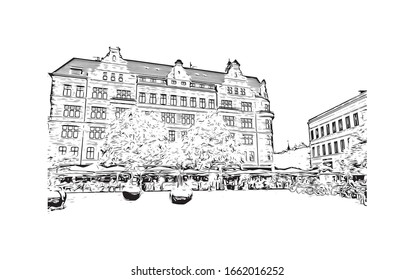 Building view with landmark of Malmo is a coastal city in southern Sweden. Hand drawn sketch illustration in vector.
