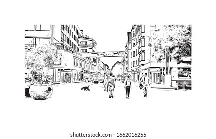 Building view with landmark of Malmo is a coastal city in southern Sweden. Hand drawn sketch illustration in vector.