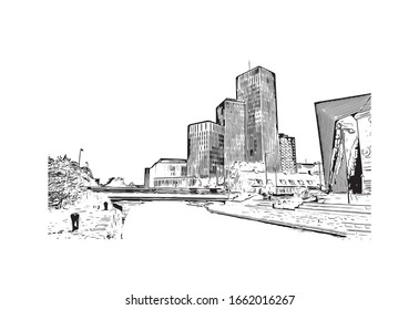 Building view with landmark of Malmo is a coastal city in southern Sweden. Hand drawn sketch illustration in vector.