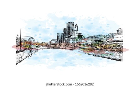 Building view with landmark of Malmo is a coastal city in southern Sweden. Watercolor splash with Hand drawn sketch illustration in vector.