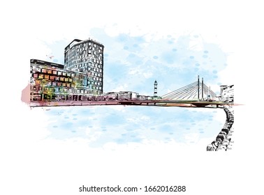 Building view with landmark of Malmo is a coastal city in southern Sweden. Watercolor splash with Hand drawn sketch illustration in vector.