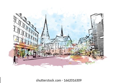 Building view with landmark of Malmo is a coastal city in southern Sweden. Watercolor splash with Hand drawn sketch illustration in vector.