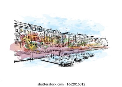 Building view with landmark of Malmo is a coastal city in southern Sweden. Watercolor splash with Hand drawn sketch illustration in vector.