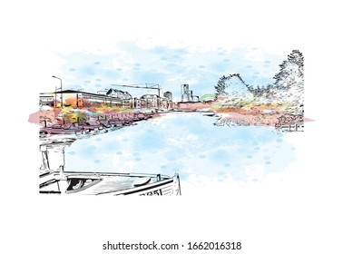 Building view with landmark of Malmo is a coastal city in southern Sweden. Watercolor splash with Hand drawn sketch illustration in vector.