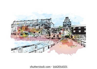 Building view with landmark of Malmo is a coastal city in southern Sweden. Watercolor splash with Hand drawn sketch illustration in vector.