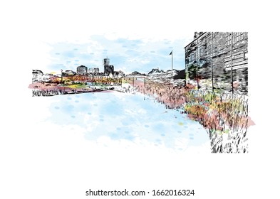 Building view with landmark of Malmo is a coastal city in southern Sweden. Watercolor splash with Hand drawn sketch illustration in vector.