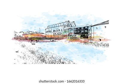Building view with landmark of Malmo is a coastal city in southern Sweden. Watercolor splash with Hand drawn sketch illustration in vector.
