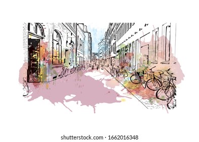 Building view with landmark of Malmo is a coastal city in southern Sweden. Watercolor splash with Hand drawn sketch illustration in vector.