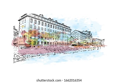 Building view with landmark of Malmo is a coastal city in southern Sweden. Watercolor splash with Hand drawn sketch illustration in vector.