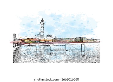 Building view with landmark of Malmo is a coastal city in southern Sweden. Watercolor splash with Hand drawn sketch illustration in vector.