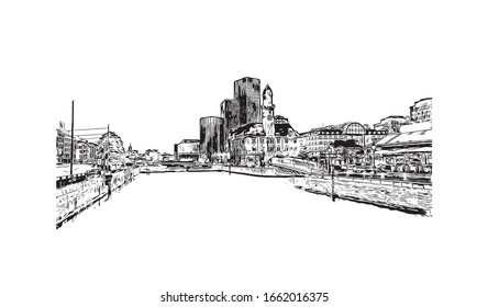 Building view with landmark of Malmo is a coastal city in southern Sweden. Hand drawn sketch illustration in vector.