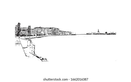 Building view with landmark of Malmo is a coastal city in southern Sweden. Hand drawn sketch illustration in vector.