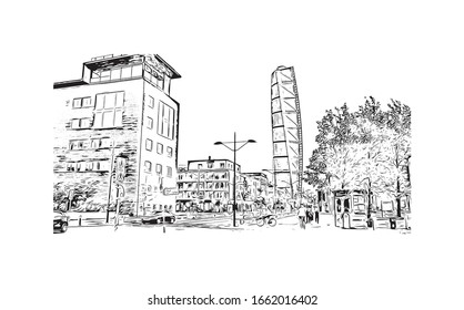 Building view with landmark of Malmo is a coastal city in southern Sweden. Hand drawn sketch illustration in vector.