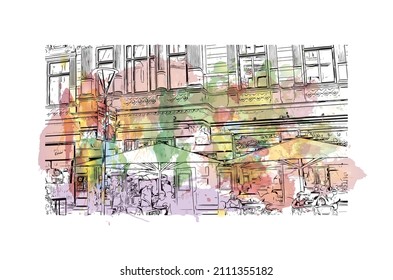 Building view with landmark of Malmo is a coastal city in southern Sweden. Watercolor splash with hand drawn sketch illustration in vector.