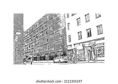 Die Bausicht mit Wahrzeichen von Malmo ist eine Küstenstadt in Südschweden. Handgezeichnete Skizzengrafik in Vektorgrafik.