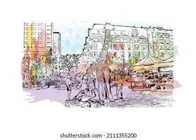 Building view with landmark of Malmo is a coastal city in southern Sweden. Watercolor splash with hand drawn sketch illustration in vector.
