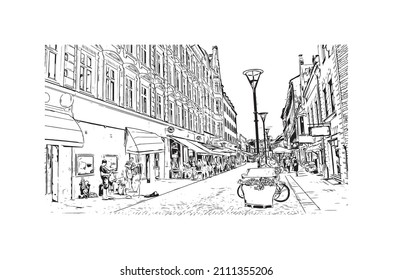 Construir vistas con monumentos de Malmo es una ciudad costera en el sur de Suecia. Dibujo a mano de ilustración de esbozo en vector.