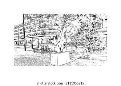 Building view with landmark of Malmo is a coastal city in southern Sweden. Hand drawn sketch illustration in vector.