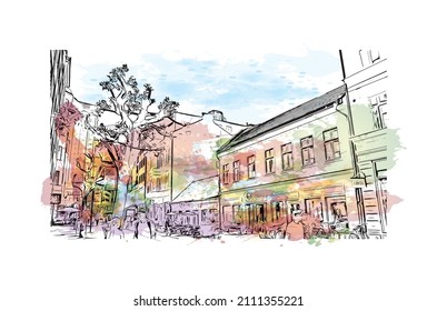 Construir vistas con monumentos de Malmo es una ciudad costera en el sur de Suecia. Salto de color de agua con ilustración de esbozo dibujada a mano en vector.