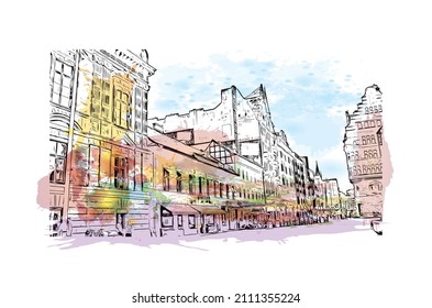 Building view with landmark of Malmo is a coastal city in southern Sweden. Watercolor splash with hand drawn sketch illustration in vector.