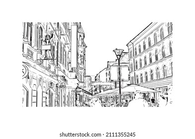 Construir vistas con monumentos de Malmo es una ciudad costera en el sur de Suecia. Dibujo a mano de ilustración de esbozo en vector.