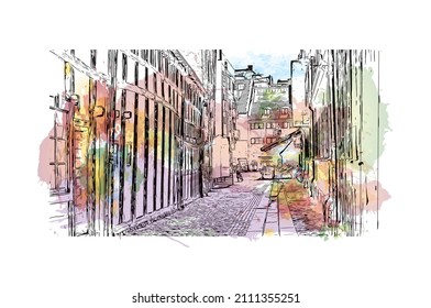 Building view with landmark of Malmo is a coastal city in southern Sweden. Watercolor splash with hand drawn sketch illustration in vector.