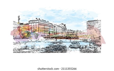 Building view with landmark of Malmo is a coastal city in southern Sweden. Watercolor splash with hand drawn sketch illustration in vector.