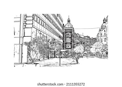 Construir vistas con monumentos de Malmo es una ciudad costera en el sur de Suecia. Dibujo a mano de ilustración de esbozo en vector.