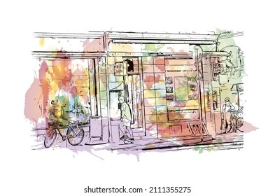Building view with landmark of Malmo is a coastal city in southern Sweden. Watercolor splash with hand drawn sketch illustration in vector.